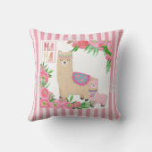 アルパカママ&ベビーピンクグリーンフローラピンクストライプ色 クッション (裏面)