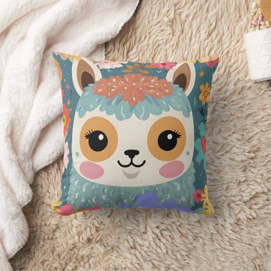 アルパカラマかわいい花の柄 クッション (ブランケット)