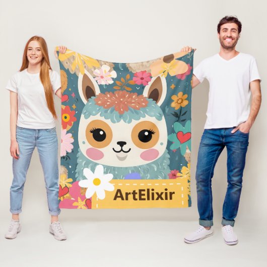 アルパカラマかわいい花の柄 フリースブランケット (インサイチュ)