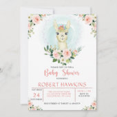 アルパカラマピンクフローラガールベビーシャワー 招待状 (正面)