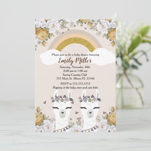 アルパカ双子ベビーシャワー招待状 ゴールド 招待状 (スタンド正面)