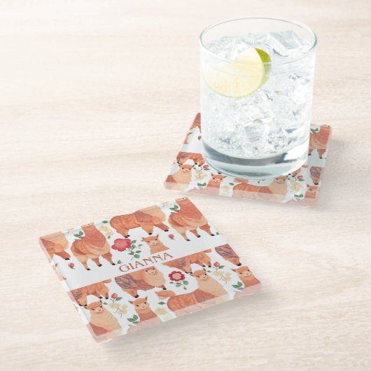 アルパカ水色パタカラフルーン ガラスコースター (アングル)