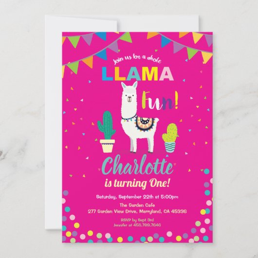 アルパカ誕生日の招待状の女の子の最初の1日 招待状 (正面)