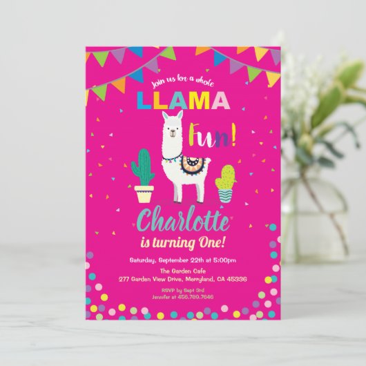 アルパカ誕生日の招待状の女の子の最初の1日 招待状 (スタンド正面)