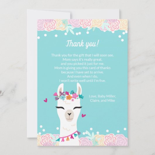 アルパカ顔ベビーシャワーサンキューカード サンキューカード (正面)