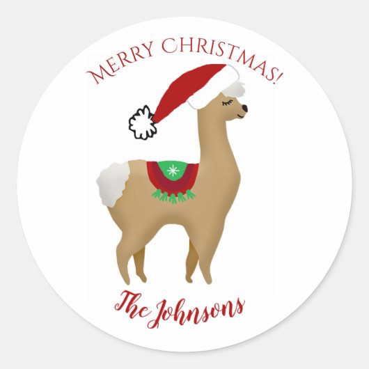 アルパカ クリスマス ラウンドステッカー 封筒 シール (正面)