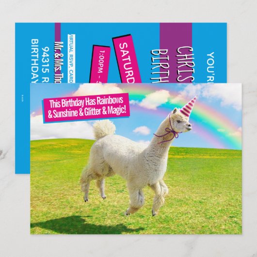 アルパカ ユニコーン 虹の空の下 招待状 (正面/裏面)