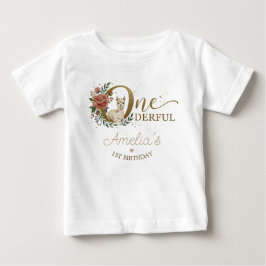 アルパカ 1歳の誕生日 スイート フラワー ボヘミアン ガール ベビーTシャツ