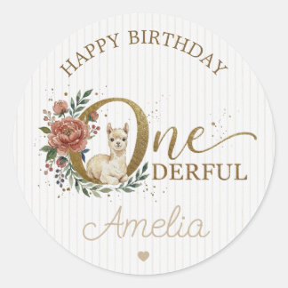 アルパカ 1歳の誕生日 水彩ピンクの花 ラウンドシール