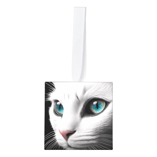 アルビノホワイトキャット顔ジュエルアイズ キューブオーナメント (正面)