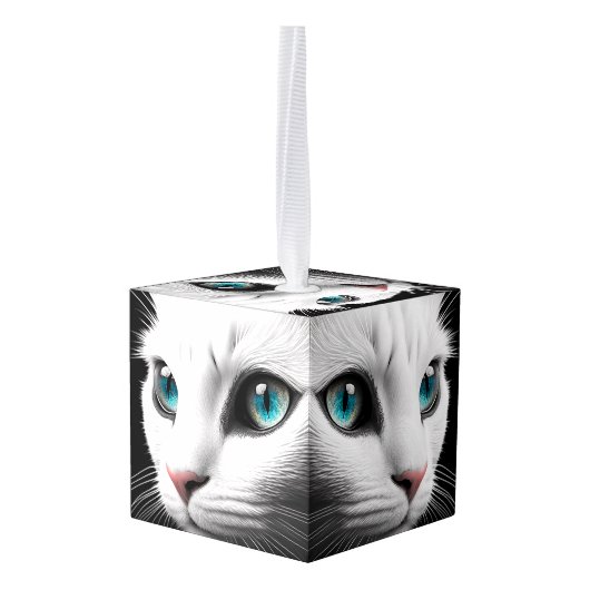 アルビノホワイトキャット顔ジュエルアイズ キューブオーナメント (裏面アングル)