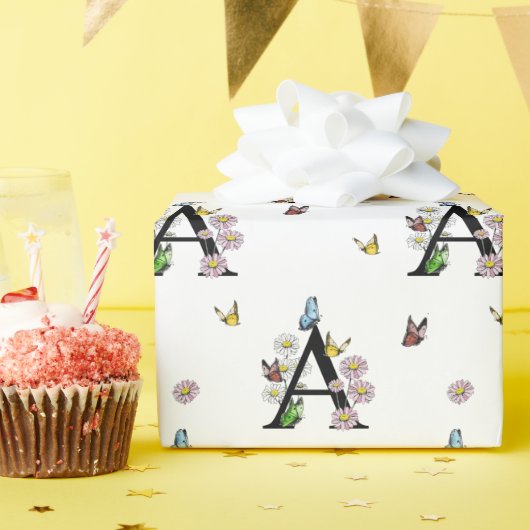 アルファベットのイニシャルA フラワーをイメージした水彩蝶のモノグラム ラッピングペーパー (誕生日パーティー)