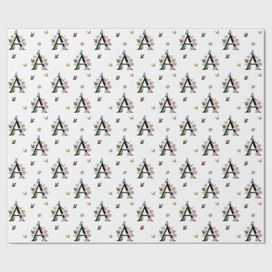 アルファベットのイニシャルA フラワーをイメージした水彩蝶のモノグラム ラッピングペーパー (フラット)