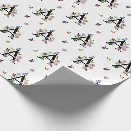 アルファベットのイニシャルA フラワーをイメージした水彩蝶のモノグラム ラッピングペーパー (角)