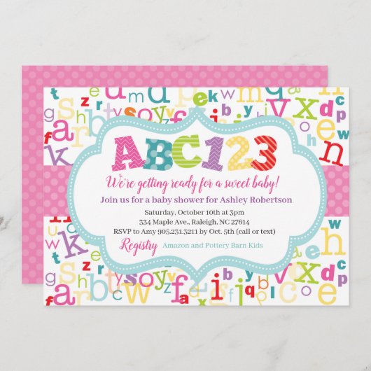 アルファベットの女の赤ちゃんのシャワー 招待状 (正面/裏面)