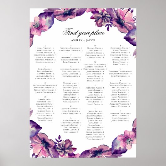 アルファベットの座席表。紫とピンクの花 ポスター (正面)