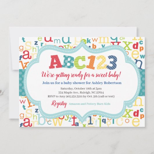 アルファベットの男の赤ちゃんのシャワー 招待状 (正面)