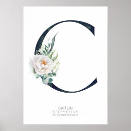 アルファベットのC モノグラム 白い花とグリーン ポスター