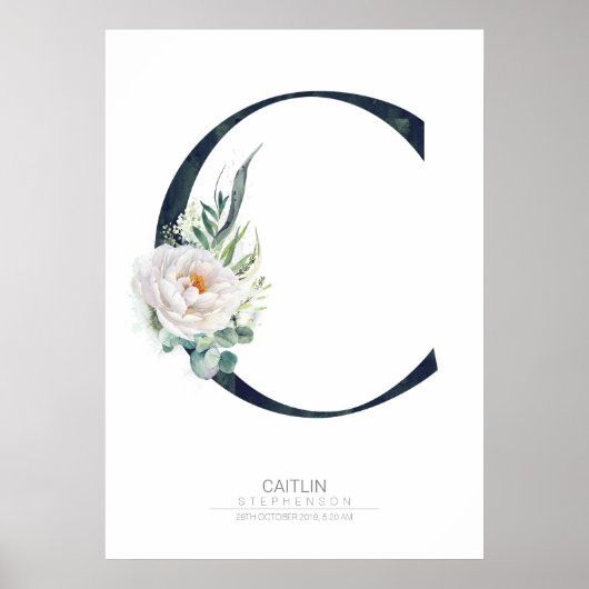 アルファベットのC モノグラム 白い花とグリーン ポスター (正面)
