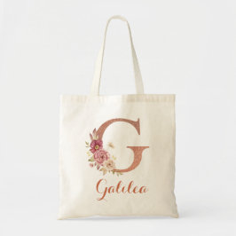 アルファベットのG 薄いピンク グリッター 花柄 モノグラム トートバッグ