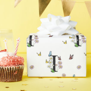 アルファベットのI フローラル ウォーターカラー バタフライ モノグラム ラッピングペーパー