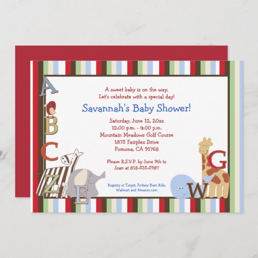 アルファベットジャングルスープ5x7ベビーシャワー招待状 招待状 (正面/裏面)