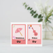 アルファベットフラッシュカード， ABC教育用カードU,V,W,X ポストカード (スタンド正面)