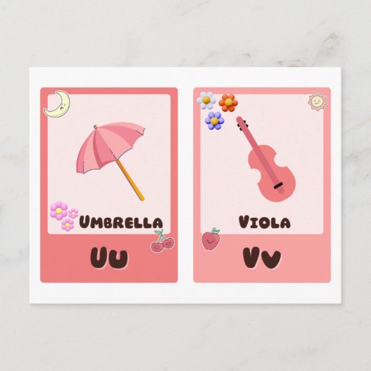 アルファベットフラッシュカード， ABC教育用カードU,V,W,X ポストカード (正面)