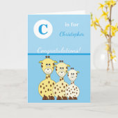 アルファベット名新生児かわいいジラフェズブルー カード (黄色い花)