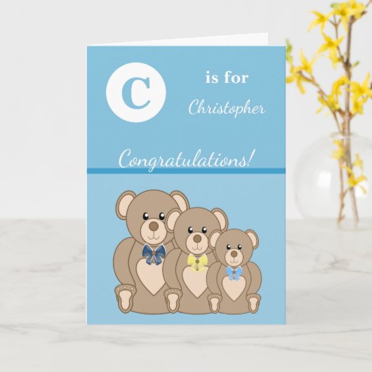 アルファベット名新生児かわいいテディベア青 カード (黄色い花)