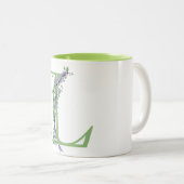 アルファベット文字L、水色ラベンダーボタニカル ツートーンマグカップ (正面右)