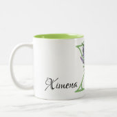 アルファベット文字X、水色ラベンダー植物学 ツートーンマグカップ (左)