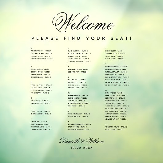 アルファベット結婚の透明な座席表 ウィンドウサイン (シート3)