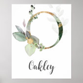 アルファベット1文字のモノグラム グリーンの植物 ベビー名前 ウォールプリント ポスター (正面)