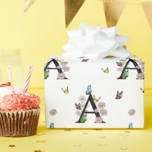 アルファベットAの花と水彩蝶のモノグラム ラッピングペーパー