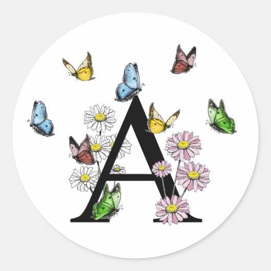アルファベットAの花と蝶のモノグラムイニシャル ラウンドシール (正面)