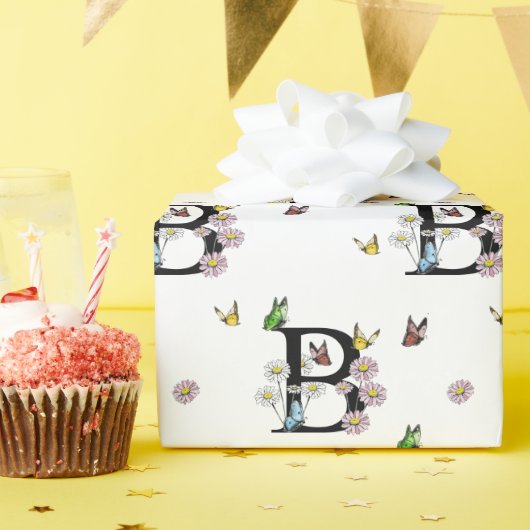アルファベットBの花と蝶のモノグラム 水彩画 ラッピングペーパー (誕生日パーティー)