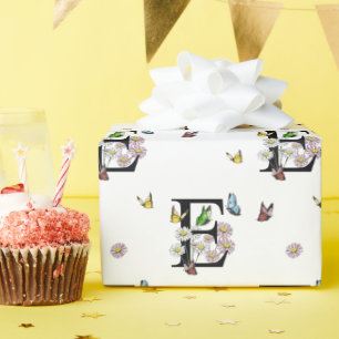 アルファベットEの花と蝶のモノグラム 水彩画 ラッピングペーパー