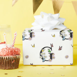 アルファベットGの花と蝶の水彩モノグラム ラッピングペーパー