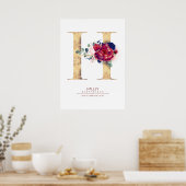 アルファベットHのモノグラム 花柄 ネイビーブルーとバーガンディ ポスター (キッチン)