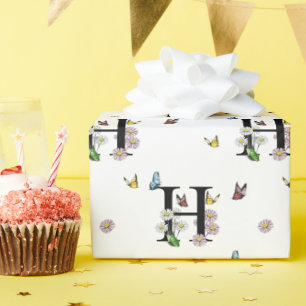 アルファベットHの花と水彩蝶のモノグラム ラッピングペーパー