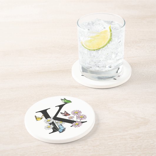 アルファベットKの花と蝶の水彩モノグラム コースター (側面)