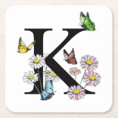 アルファベットKの花と蝶の水彩モノグラム スクエアペーパーコースター (正面)