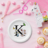 アルファベットKの花と蝶の水彩モノグラム ペーパープレート (パーティー)