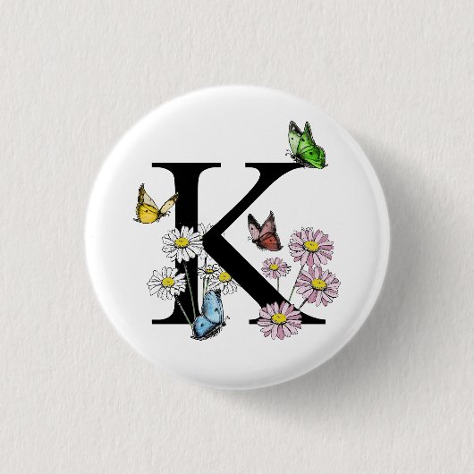アルファベットKの花と蝶の水彩モノグラム 缶バッジ (正面)