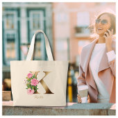 アルファベットK エレガント フローラル ゴールド モノグラム ピンクのバラ ラージトートバッグ