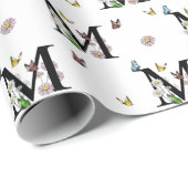 アルファベットMの花と蝶の水彩モノグラム ラッピングペーパー (ロールコーナー)