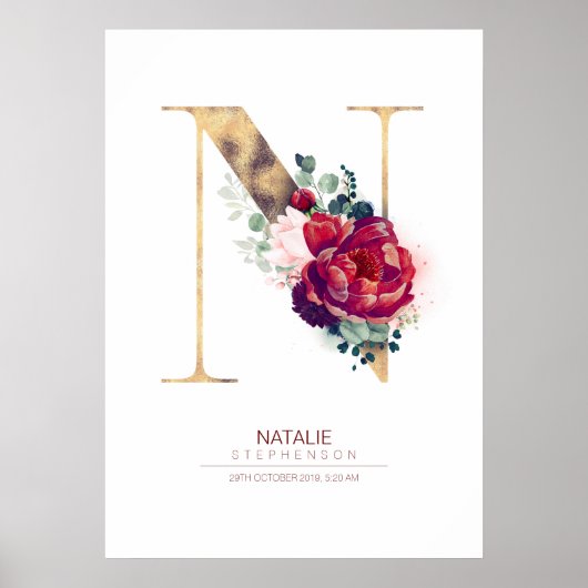 アルファベットNのモノグラム 花柄 ワインレッド ゴールド ポスター (正面)