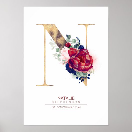 アルファベットN モノグラム 花柄 ネイビーブルーとバーガンディ ポスター (正面)