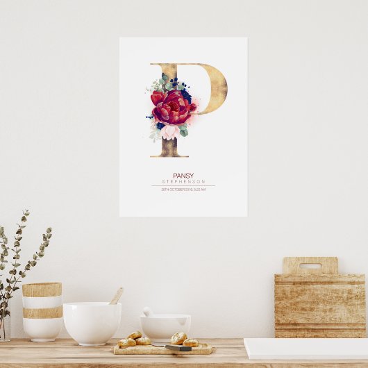 アルファベットPのモノグラム 花柄 ネイビーブルーとバーガンディ ポスター (キッチン)